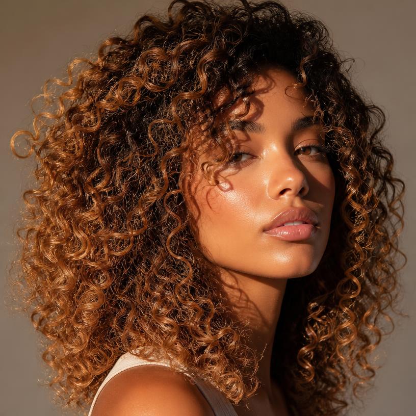 Honey-toned balayage on curly natural hair